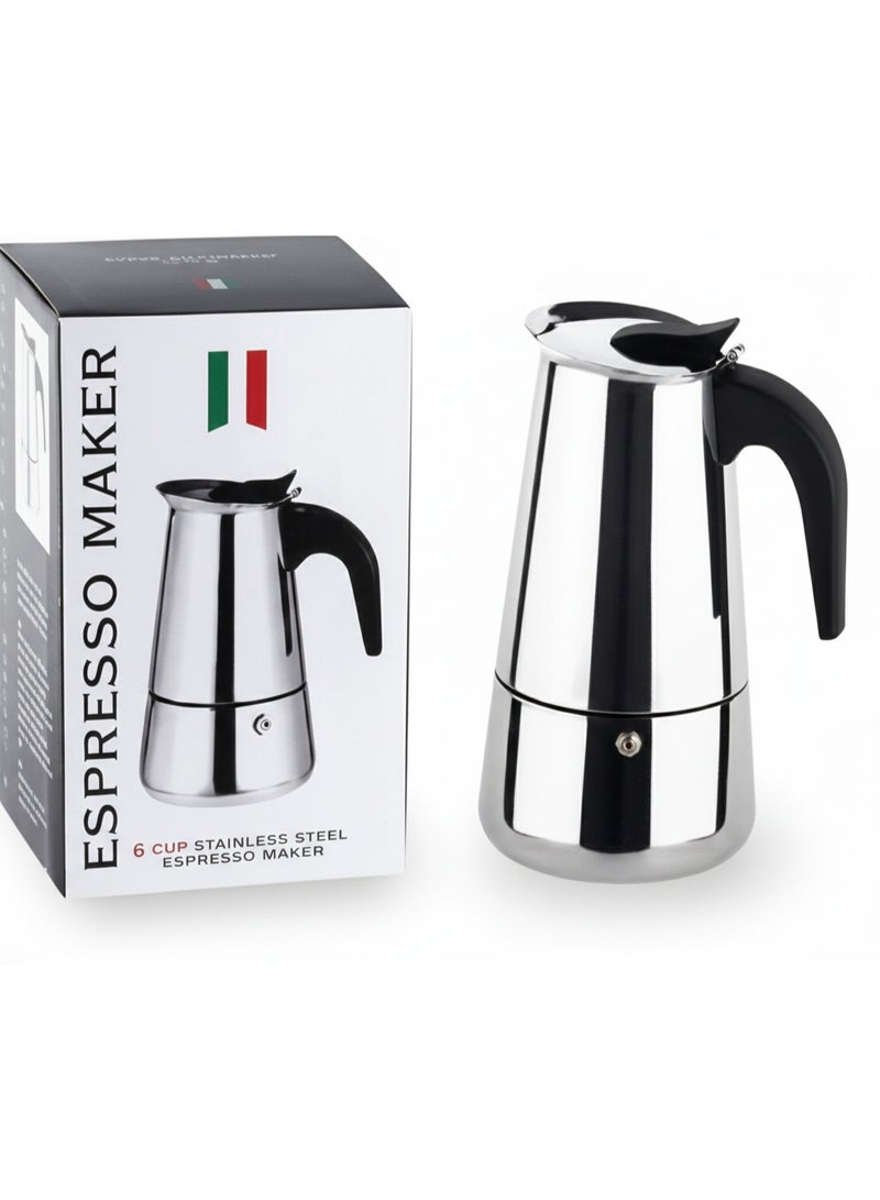 Stainless Steel Espresso Coffee Maker – Manual Stovetop Italian Moka Pot – 6 Cups Capacity – Modern Design - Image 1