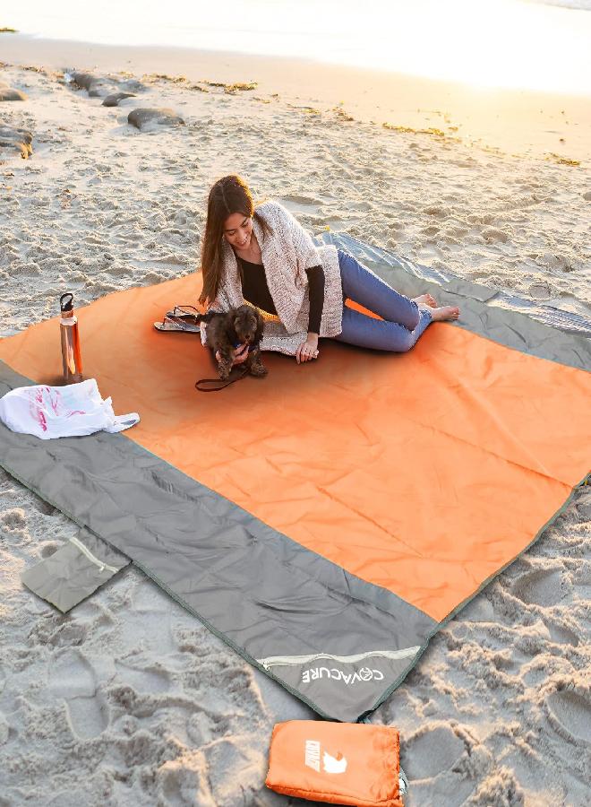 covacure Beach Blanket Waterproof Sandproof 83''×79''- Double Windproof Designed Beach Blanket Oversized for 4-7 Adults, 6 Zipper Pockets Beach Towel with 4 Stakes, Portable for Beach, Camping - Image 4