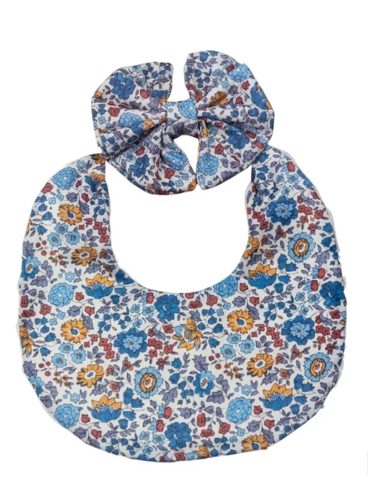 Bambimici Luna Ribbon Headband & Baby Bib Set Floral Blue