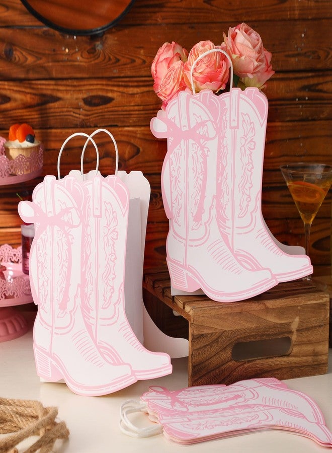 أكياس ورقية من سينلود، 12 كيسًا على شكل أحذية رعاة البقر الغربية، مزينة بفيونكة وردية، أكياس هدايا على شكل أحذية رعاة البقر بمقابض، حلويات وهدايا، مستلزمات تسوق البقالة لحفلات أعياد الميلاد ذات الطابع الغربي (نمط وردي). - Image 1