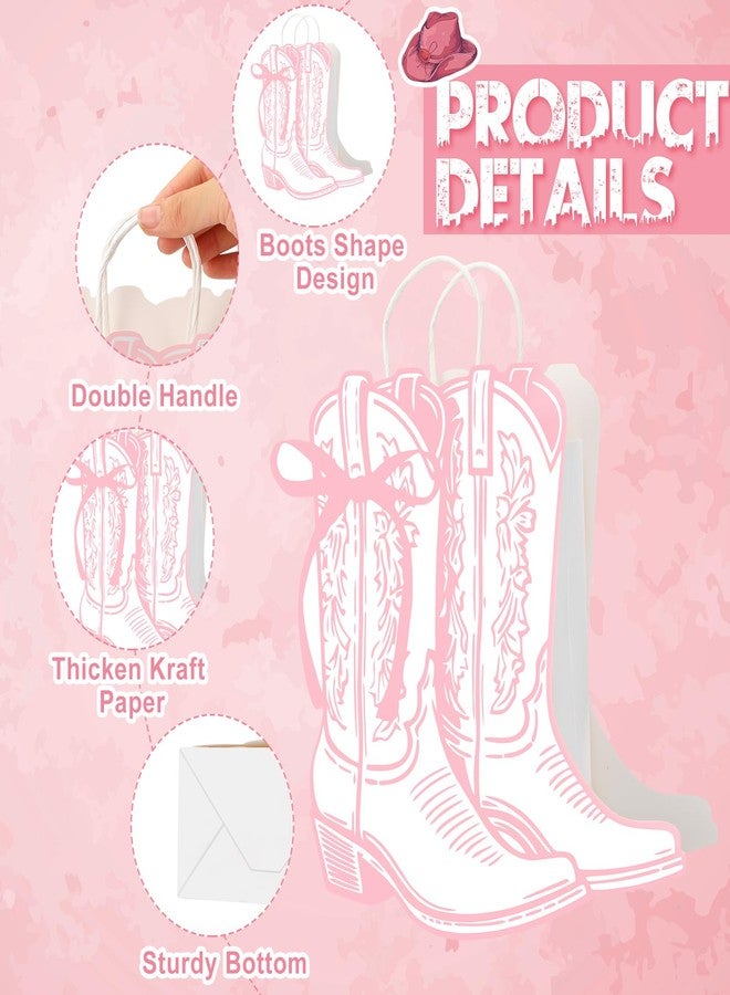 أكياس ورقية من سينلود، 12 كيسًا على شكل أحذية رعاة البقر الغربية، مزينة بفيونكة وردية، أكياس هدايا على شكل أحذية رعاة البقر بمقابض، حلويات وهدايا، مستلزمات تسوق البقالة لحفلات أعياد الميلاد ذات الطابع الغربي (نمط وردي). - Image 2