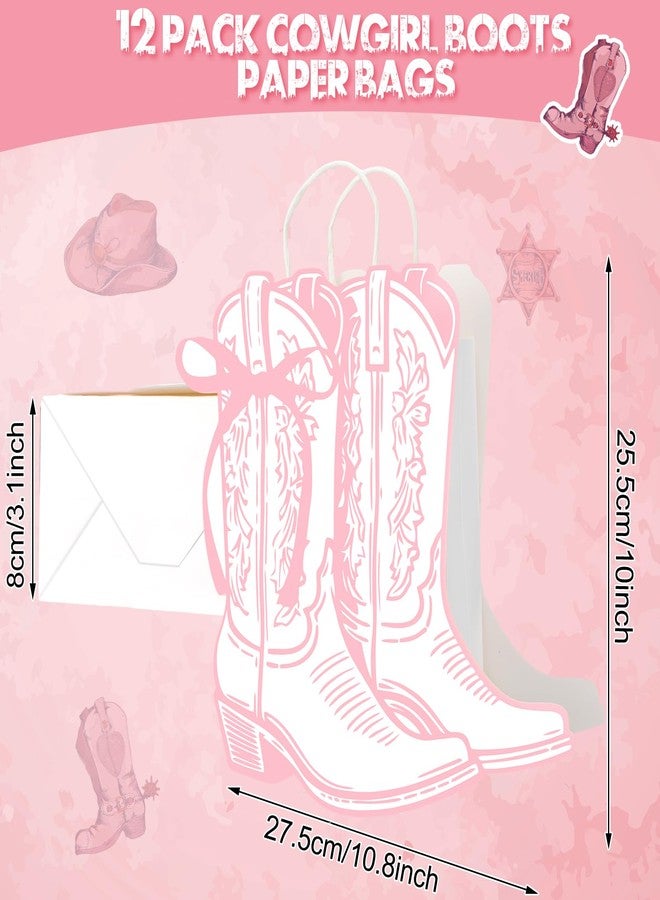 أكياس ورقية من سينلود، 12 كيسًا على شكل أحذية رعاة البقر الغربية، مزينة بفيونكة وردية، أكياس هدايا على شكل أحذية رعاة البقر بمقابض، حلويات وهدايا، مستلزمات تسوق البقالة لحفلات أعياد الميلاد ذات الطابع الغربي (نمط وردي). - Image 3