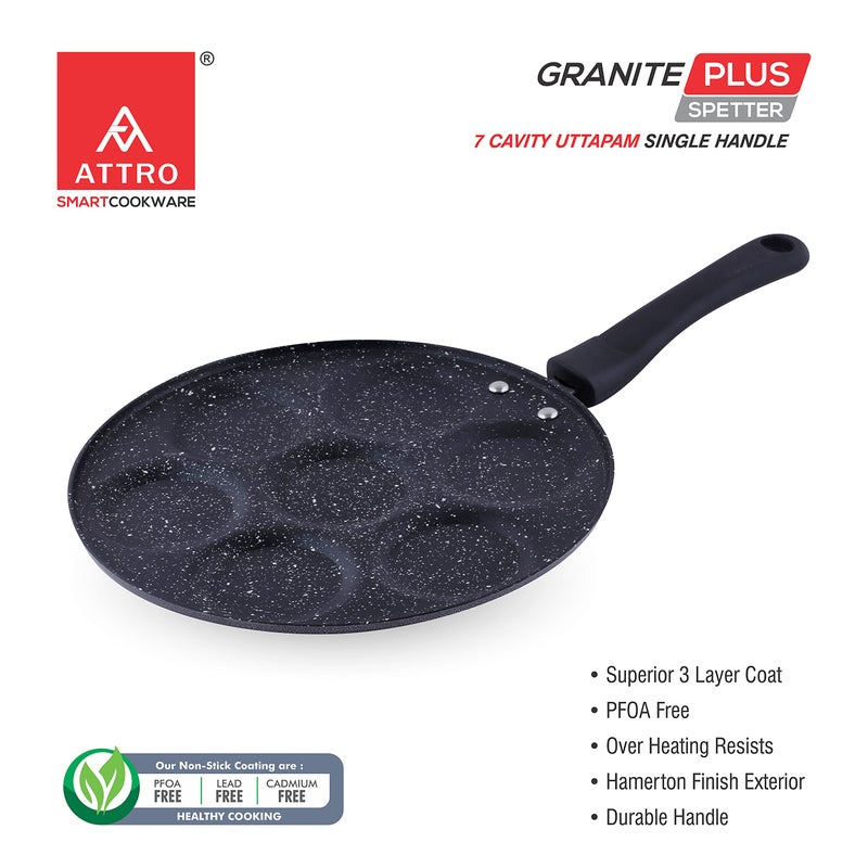 Attro Non Stick Heavy Duty 7 Cavity Single Handle Uttapam Tawa, Spatter Finish, Black - Image 3