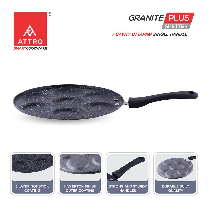 Attro Non Stick Heavy Duty 7 Cavity Single Handle Uttapam Tawa, Spatter Finish, Black - Image 5