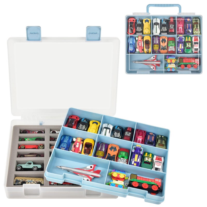 ALCYON Double-Layer Storage for 1/64 Scale Hot Wheels & for Matchbox Cars, with 18 Sponge Slots & 8 Compartments Holds 36-44 Mini Vehicles-Portable Box for Collectors, Home Use, Travel (Blue, Case Only) - Image 1