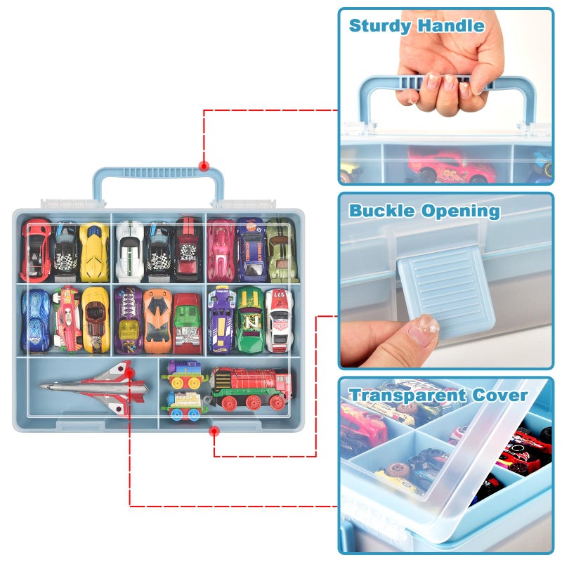 ALCYON Double-Layer Storage for 1/64 Scale Hot Wheels & for Matchbox Cars, with 18 Sponge Slots & 8 Compartments Holds 36-44 Mini Vehicles-Portable Box for Collectors, Home Use, Travel (Blue, Case Only) - Image 4