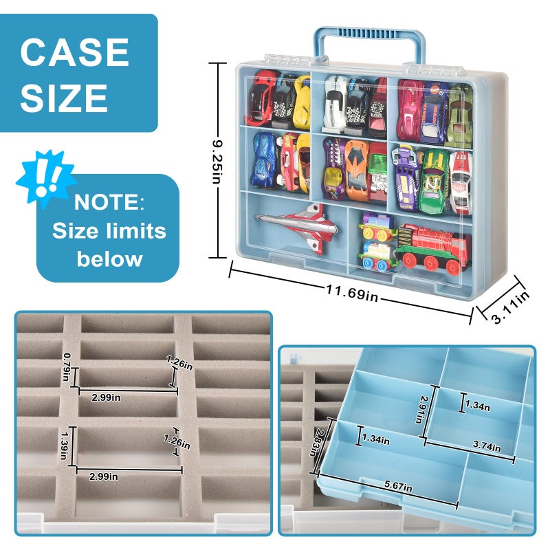 ALCYON Double-Layer Storage for 1/64 Scale Hot Wheels & for Matchbox Cars, with 18 Sponge Slots & 8 Compartments Holds 36-44 Mini Vehicles-Portable Box for Collectors, Home Use, Travel (Blue, Case Only) - Image 5