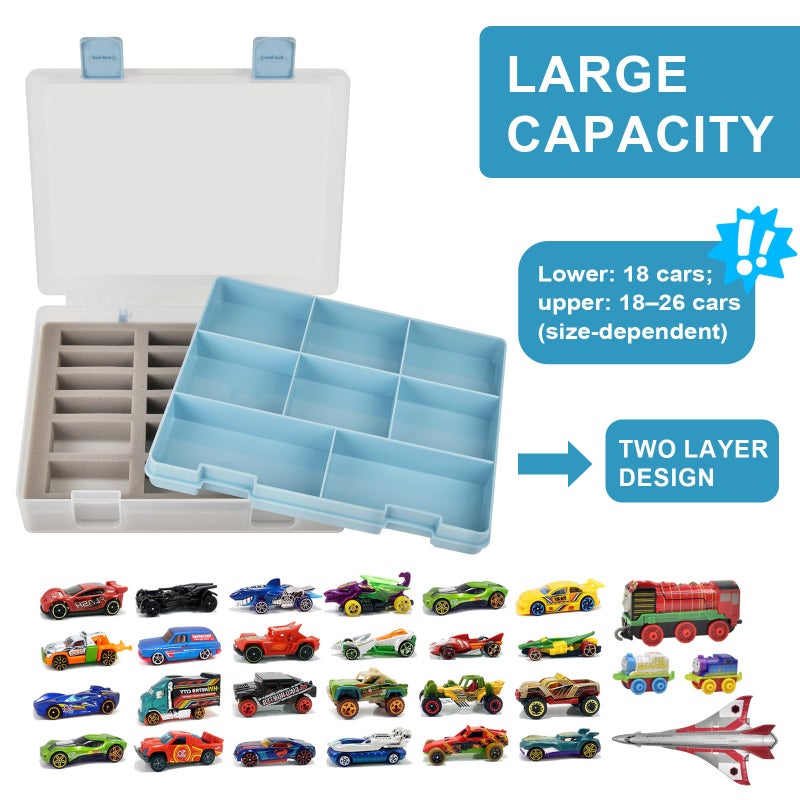 ALCYON Double-Layer Storage for 1/64 Scale Hot Wheels & for Matchbox Cars, with 18 Sponge Slots & 8 Compartments Holds 36-44 Mini Vehicles-Portable Box for Collectors, Home Use, Travel (Blue, Case Only) - Image 2