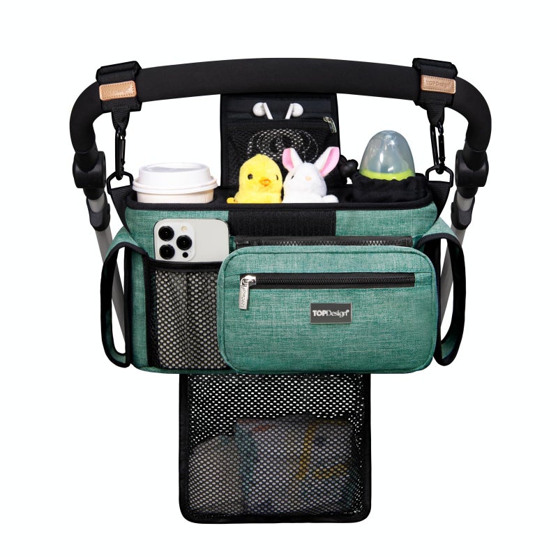 TOPDesign Universal Baby Stroller Organizer Stroller Caddy with Detachable Mesh Bag Heightened Insulated Cup Holders NonSlip Secure Hooks Accessories Fits Most Strollers Green - Image 2