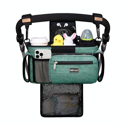 TOPDesign Universal Baby Stroller Organizer Stroller Caddy with Detachable Mesh Bag Heightened Insulated Cup Holders NonSlip Secure Hooks Accessories Fits Most Strollers Green - Image 1