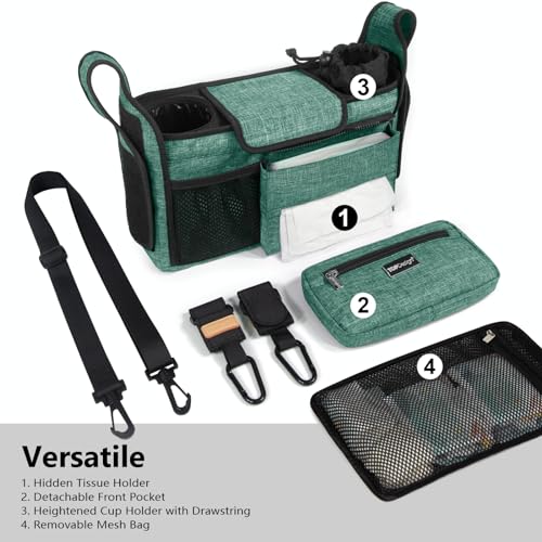 TOPDesign Universal Baby Stroller Organizer Stroller Caddy with Detachable Mesh Bag Heightened Insulated Cup Holders NonSlip Secure Hooks Accessories Fits Most Strollers Green - Image 3