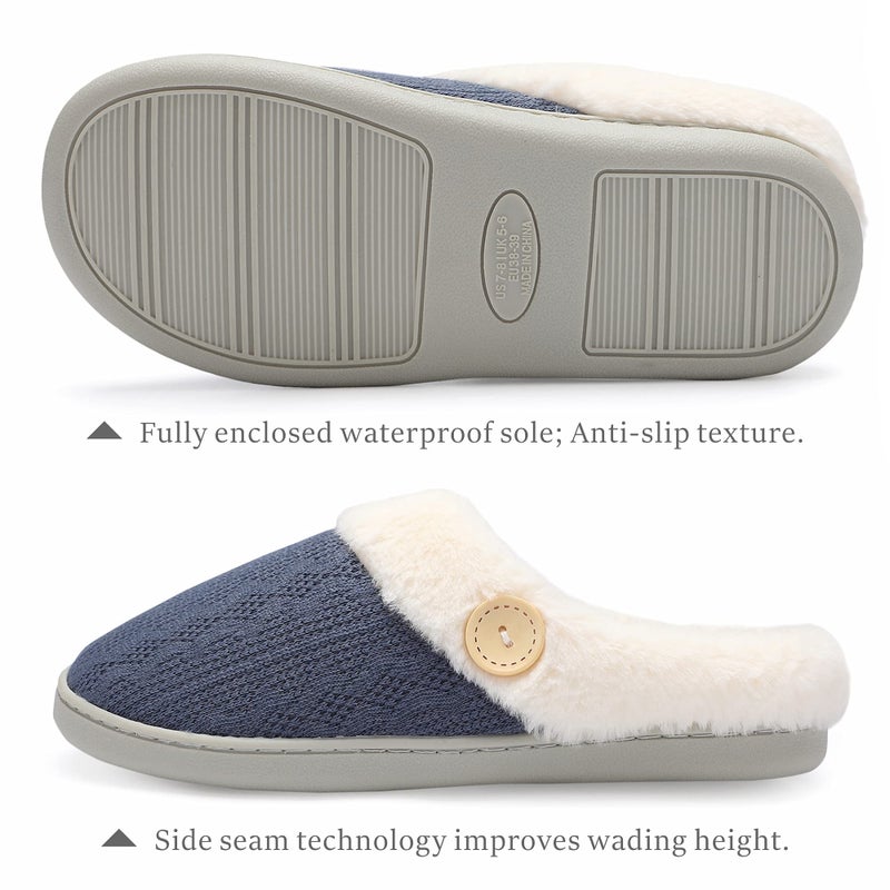 Chantomoo Womens Slipper Warm Comfy Memory Foam House Slippers Knitted Shoes Faux Fur Lined Anti-Skid Rubber Sole Bedroom Cozy Indoor Outdoor Slippers Navy Dark Blue Size 9 10 8.5 - Image 2
