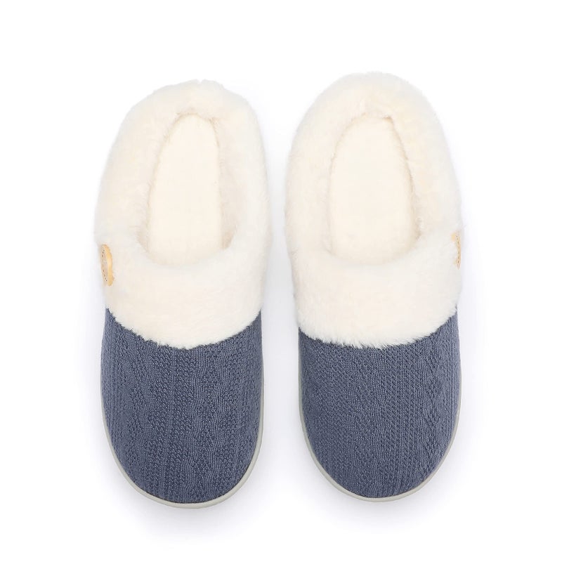 Chantomoo Womens Slipper Warm Comfy Memory Foam House Slippers Knitted Shoes Faux Fur Lined Anti-Skid Rubber Sole Bedroom Cozy Indoor Outdoor Slippers Navy Dark Blue Size 9 10 8.5 - Image 5