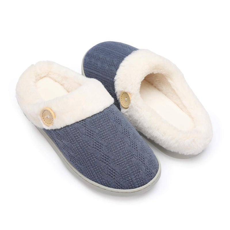 Chantomoo Womens Slipper Warm Comfy Memory Foam House Slippers Knitted Shoes Faux Fur Lined Anti-Skid Rubber Sole Bedroom Cozy Indoor Outdoor Slippers Navy Dark Blue Size 9 10 8.5 - Image 1