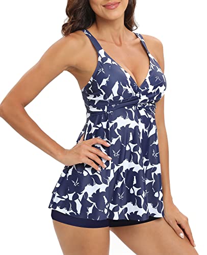 SEAFORM Women's Tankini Bathing Suits Two-Piece Tummy Control Swim Dress High Waist Printing Padded Swimsuits with Boyshorts Navy Blue - Image 2