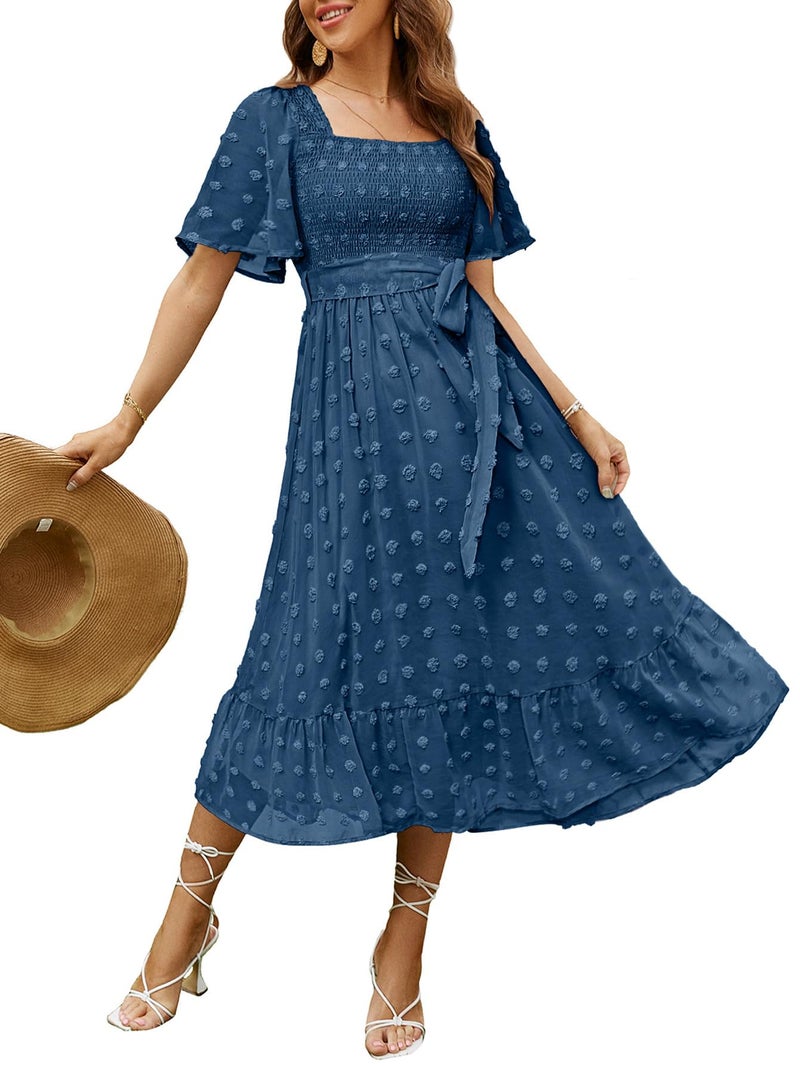 Amegoya Women's Summer Boho Wedding Guest Midi Dress Casual Short Sleeve Square Neck Swiss Dot Smocked Flowy Maxi Dress (Navy Blue L) - Image 1