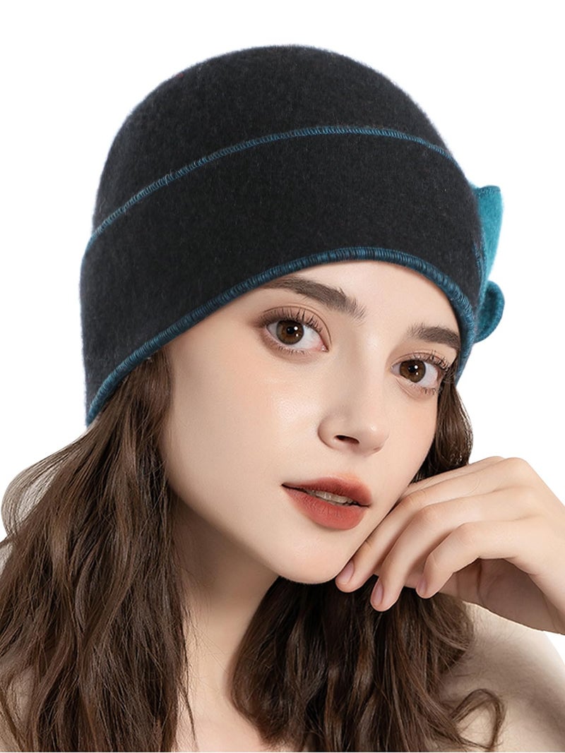 Sumolux Beanie Hats for Women Wool Beret Floral Cuffed Skull Cap French Vintage Dress Cloche Classic Winter 1920s Black Green - Image 3