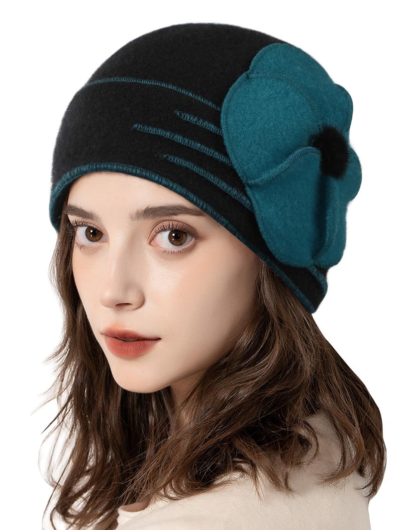 Sumolux Beanie Hats for Women Wool Beret Floral Cuffed Skull Cap French Vintage Dress Cloche Classic Winter 1920s Black Green - Image 2