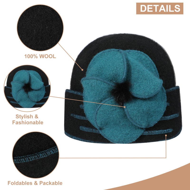Sumolux Beanie Hats for Women Wool Beret Floral Cuffed Skull Cap French Vintage Dress Cloche Classic Winter 1920s Black Green - Image 4
