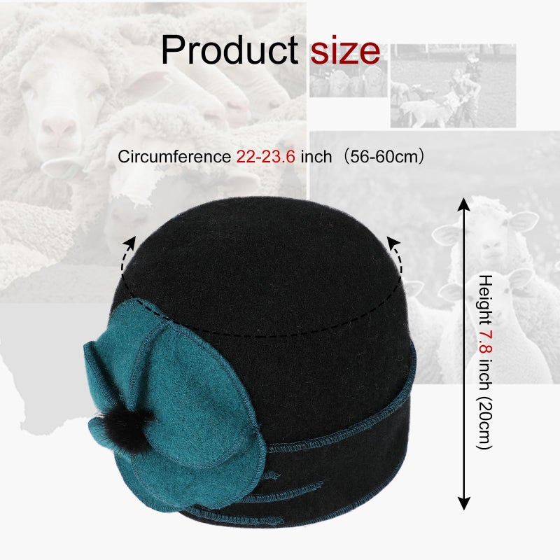 Sumolux Beanie Hats for Women Wool Beret Floral Cuffed Skull Cap French Vintage Dress Cloche Classic Winter 1920s Black Green - Image 5