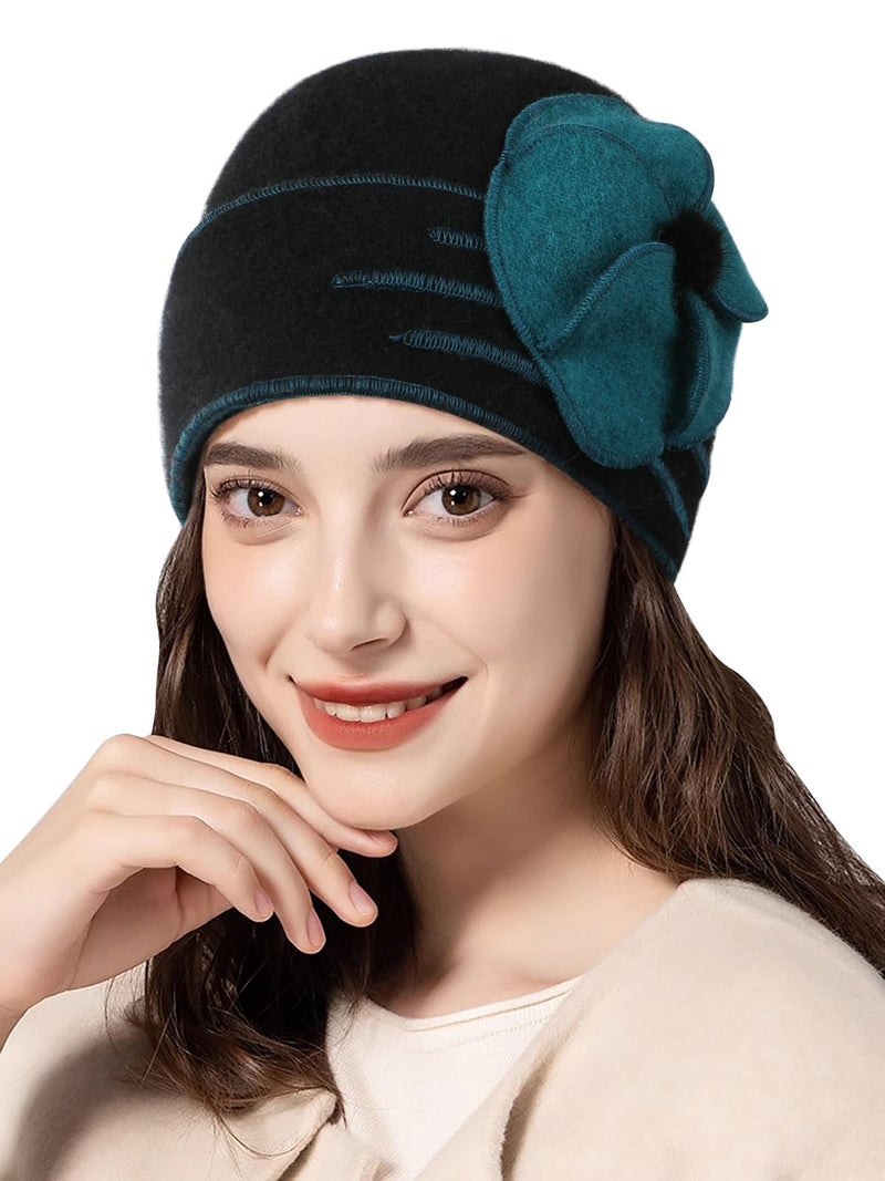 Sumolux Beanie Hats for Women Wool Beret Floral Cuffed Skull Cap French Vintage Dress Cloche Classic Winter 1920s Black Green - Image 1