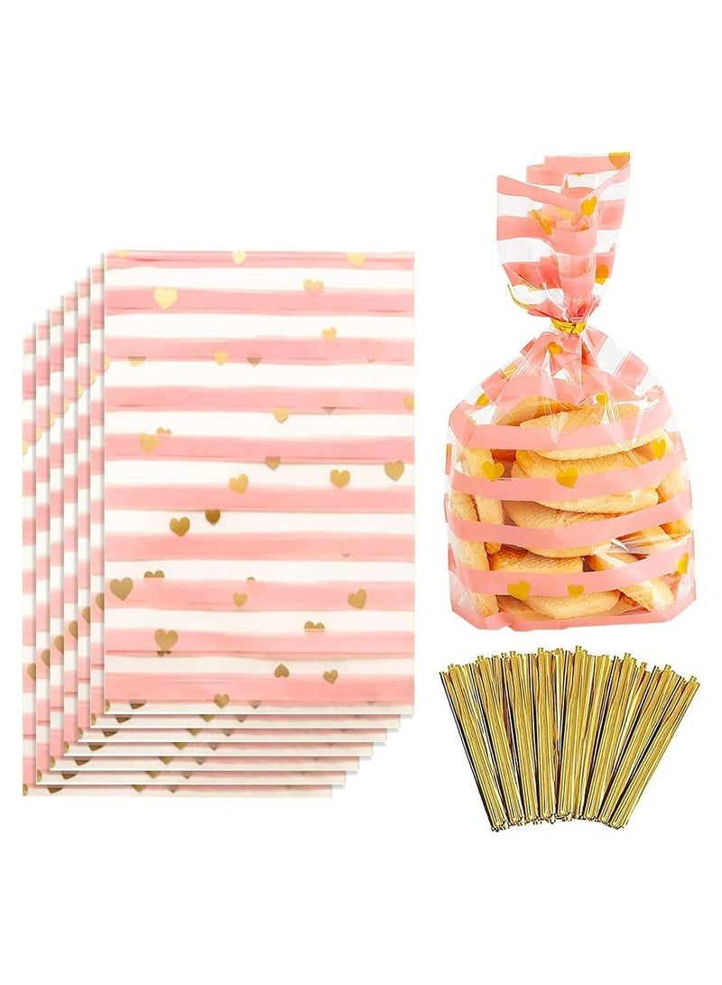 SYOSI Cellophane Bags, Food Gift Bags 100 Pack, Resealable Flat Cello Bags with Twist Ties Pink Party Bags for Popcorn Cookies Dessert Birthday Parties Gift Wrapping, Polka Dot Candy Snack Packaging Bag - Image 1