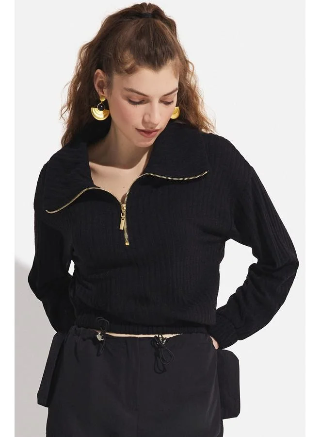 JUNE June Zipper Detailed Blouse Black
