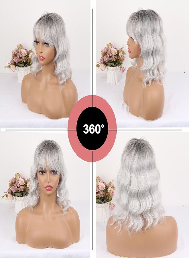 CINHOO Short Curly Wavy Grey Hair Toppers for Women with Thinning Hair,Short Wigs with Bangs Synthetic 360° 3D Hairpiece Clip in Bob Halloween Wig Gifts for Women(Ombre gray) - Image 3