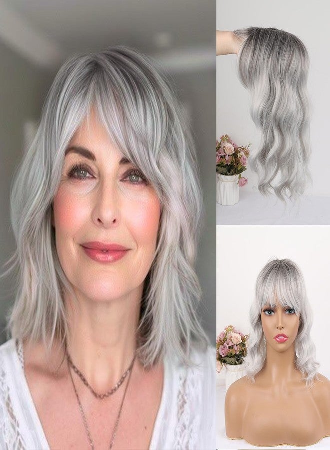 CINHOO Short Curly Wavy Grey Hair Toppers for Women with Thinning Hair,Short Wigs with Bangs Synthetic 360° 3D Hairpiece Clip in Bob Halloween Wig Gifts for Women(Ombre gray) - Image 1