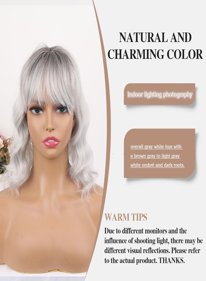 CINHOO Short Curly Wavy Grey Hair Toppers for Women with Thinning Hair,Short Wigs with Bangs Synthetic 360° 3D Hairpiece Clip in Bob Halloween Wig Gifts for Women(Ombre gray) - Image 4