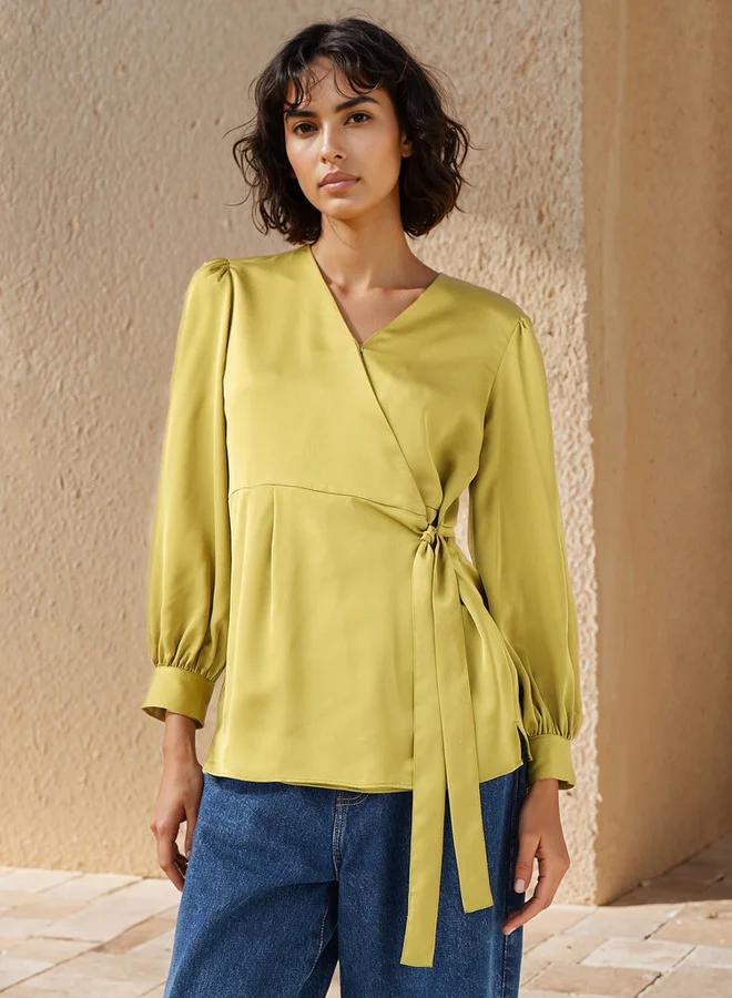 Iconic Iconic V-neck Wrap Top with Long Sleeves and Tie-Up Detail