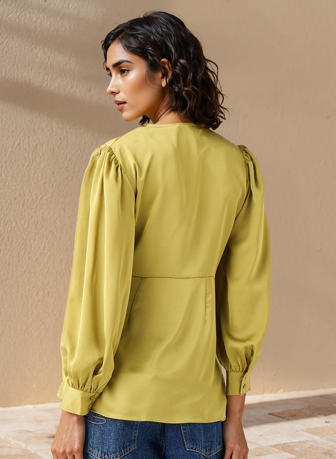 Iconic V-neck Wrap Top with Long Sleeves and Tie-Up Detail - Image 3