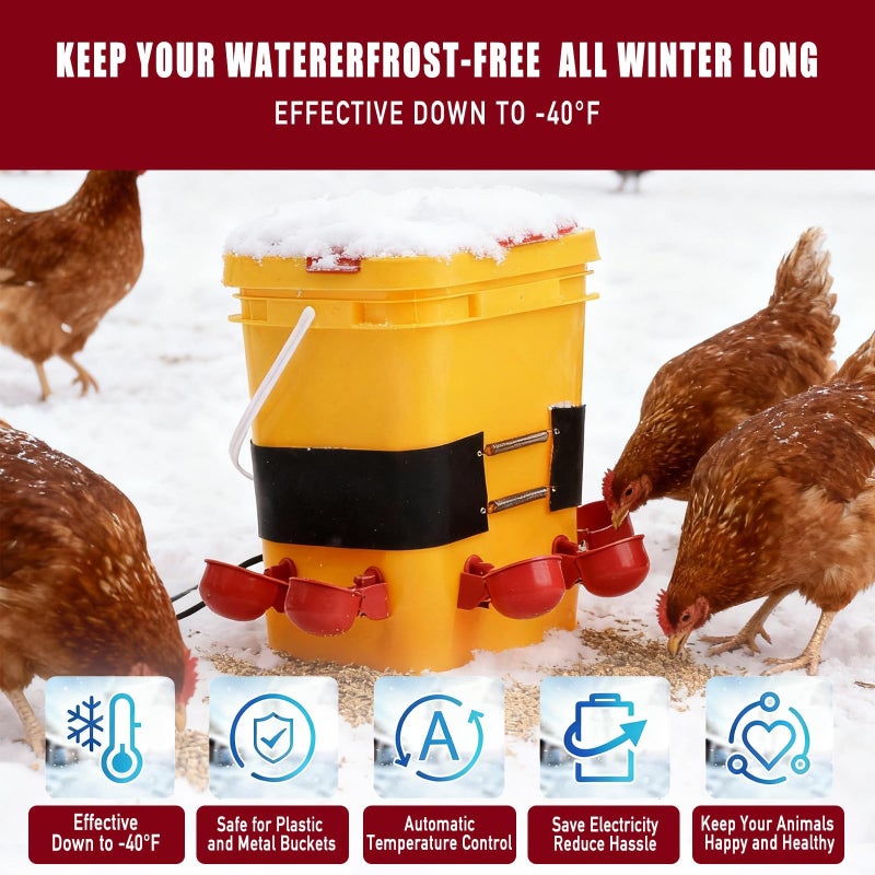 YAJAREN 1 PCS Chicken Water Heater for Winter, 40W Safe Thermo Bucket Belt Heated Strapr Fits Most 2-5 Gallon Chicken Waterer, Energy Efficient Freeze Protection for Poultry Livestock+1 Bag - Image 5