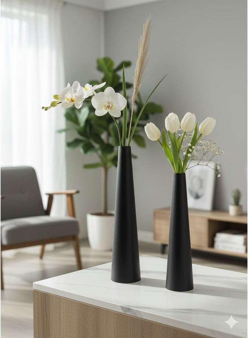 مجموعة من 2 مزهريات معدنية سوداء، مزهرية زهور صغيرة، مزهرية مدببة لتزيين طاولة الزفاف، ديكور المنزل (أسود غير لامع) - Image 1
