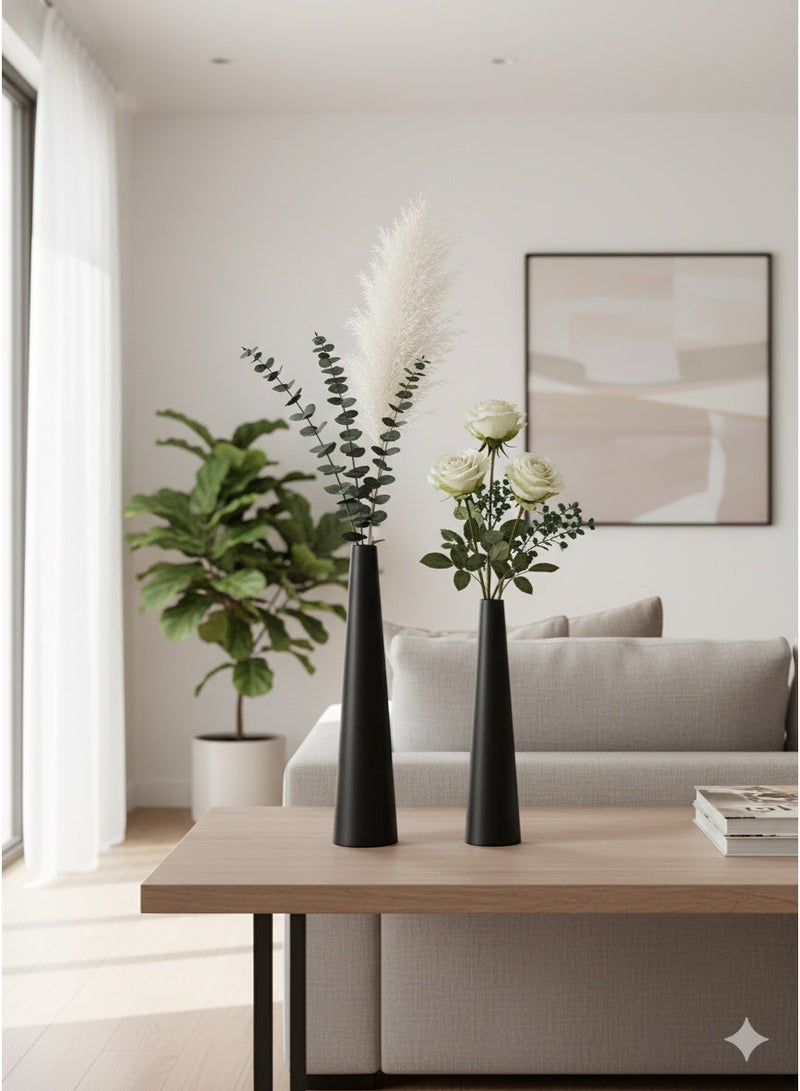 مجموعة من 2 مزهريات معدنية سوداء، مزهرية زهور صغيرة، مزهرية مدببة لتزيين طاولة الزفاف، ديكور المنزل (أسود غير لامع) - Image 2