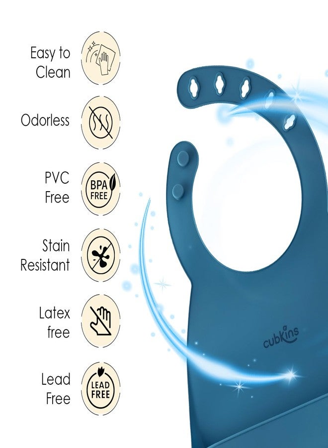CUBKINS Soft Silicone Baby Bib Set for Feeding & Weaning Babies, Toddlers | Washable & Reusable, Non-Messy Easy to Clean, No Bad Odour, Adjustable Neckline with Buttons (Raspberry - Blue Olive) - Image 4