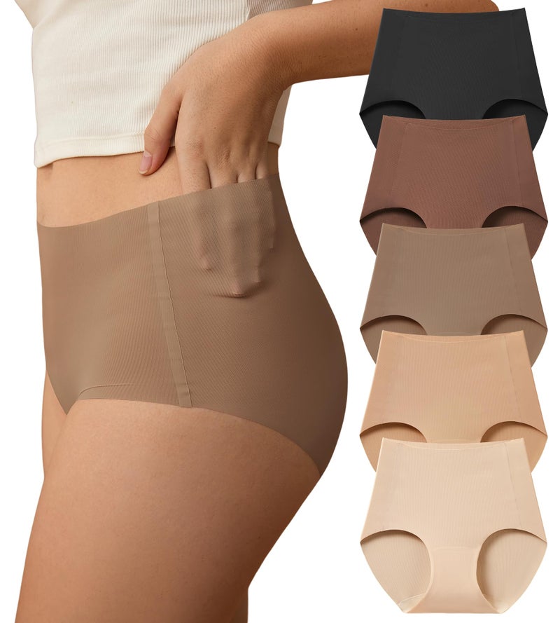 SHARICCA Seamless High Waisted Underwear for Women No Show Full Coverage Panties Nuage Microfiber Briefs Pack, 5P01, L - Image 1