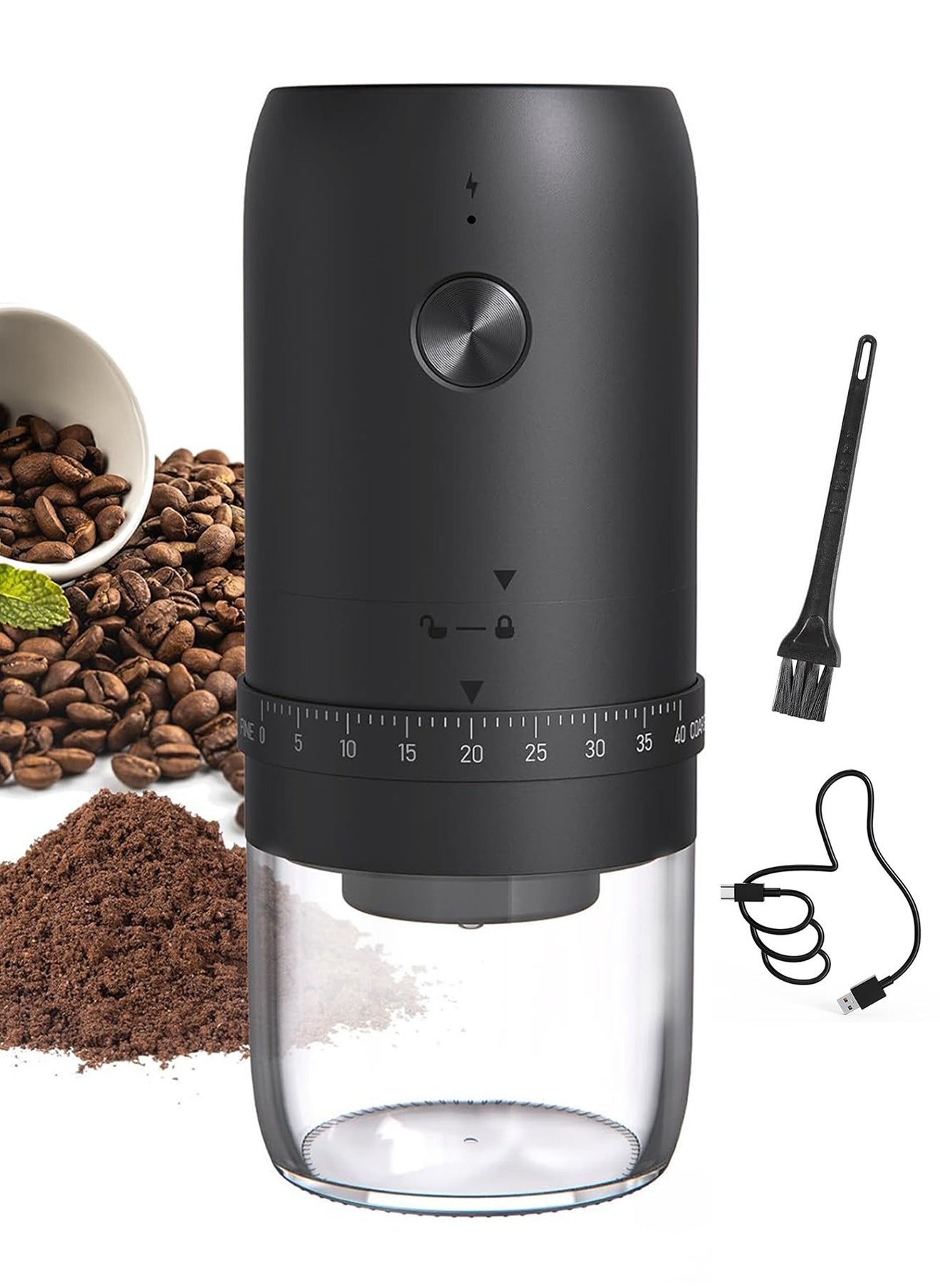 DOSCHER Portable Burr Coffee Grinder with 40 Adjustable Settings & 35g Capacity, 1800mAh Rechargeable Coffee Bean Grinder with Conical Ceramic Burr, for Travel, Camping, Office, Espresso, etc 