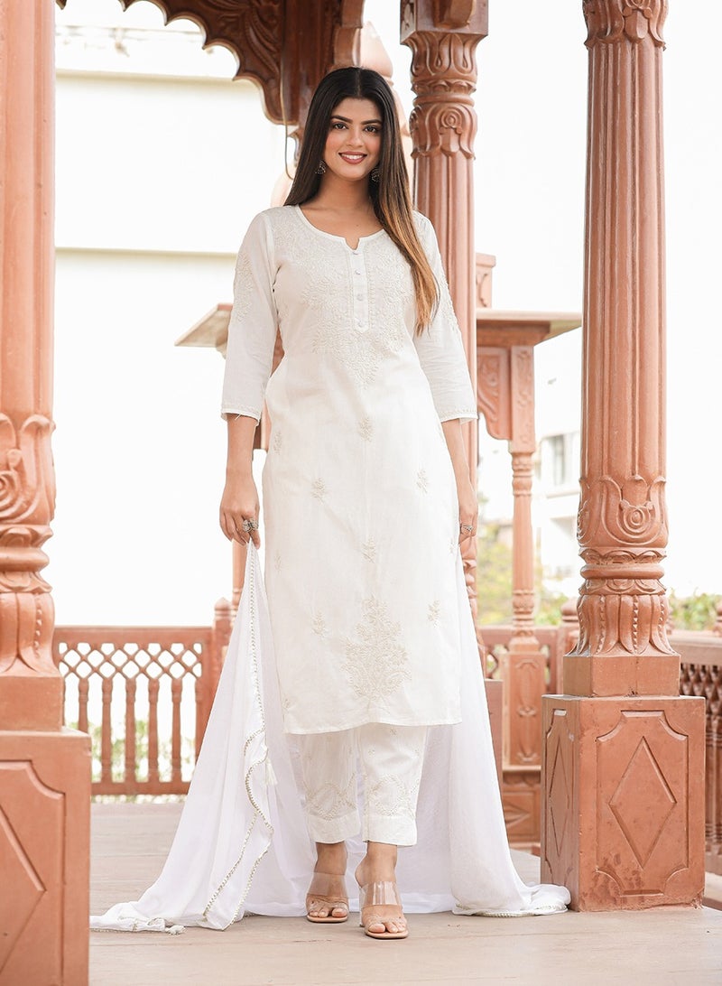 Swadesh Souq Elegant Off-White Lucknow Chikankari Cotton Kurta Set with Dupatta  - Image 1