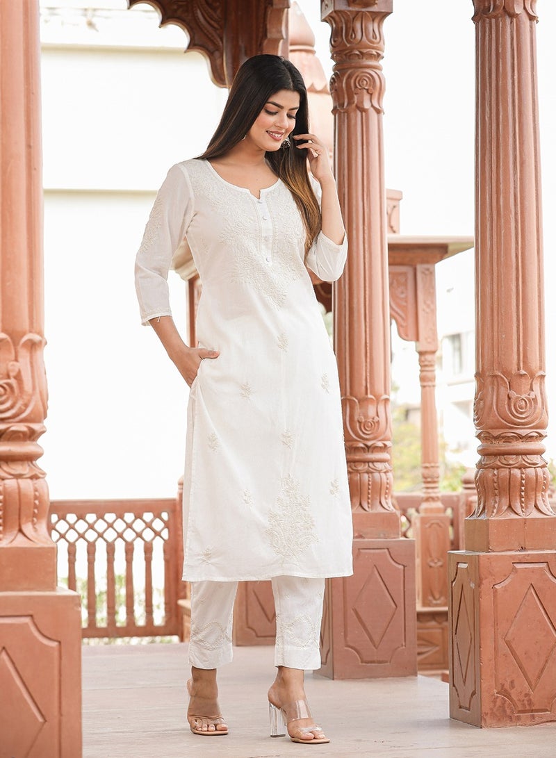 Swadesh Souq Elegant Off-White Lucknow Chikankari Cotton Kurta Set with Dupatta  - Image 4