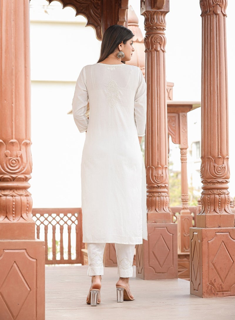 Swadesh Souq Elegant Off-White Lucknow Chikankari Cotton Kurta Set with Dupatta  - Image 5