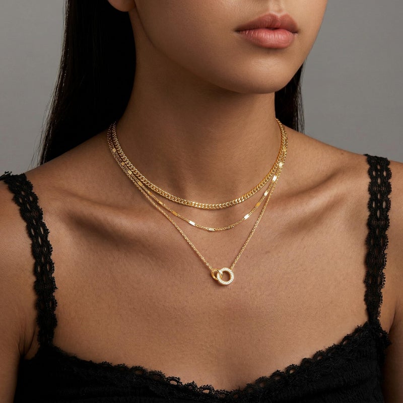WomenGifts Layered Gold Necklaces for Women, Tarnish Free Waterproof Jewelry Necklace, Pendant Chain Set with Interlocking Double Circle, Chunky Stackable Cuban Chain Choker - Image 2