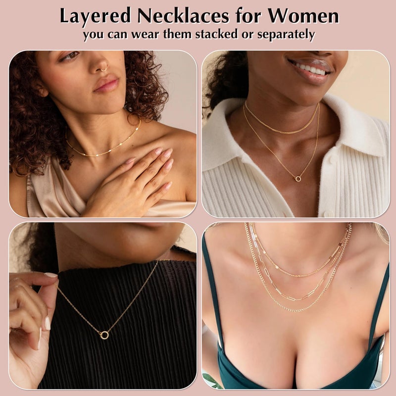 WomenGifts Layered Gold Necklaces for Women, Tarnish Free Waterproof Jewelry Necklace, Pendant Chain Set with Interlocking Double Circle, Chunky Stackable Cuban Chain Choker - Image 5