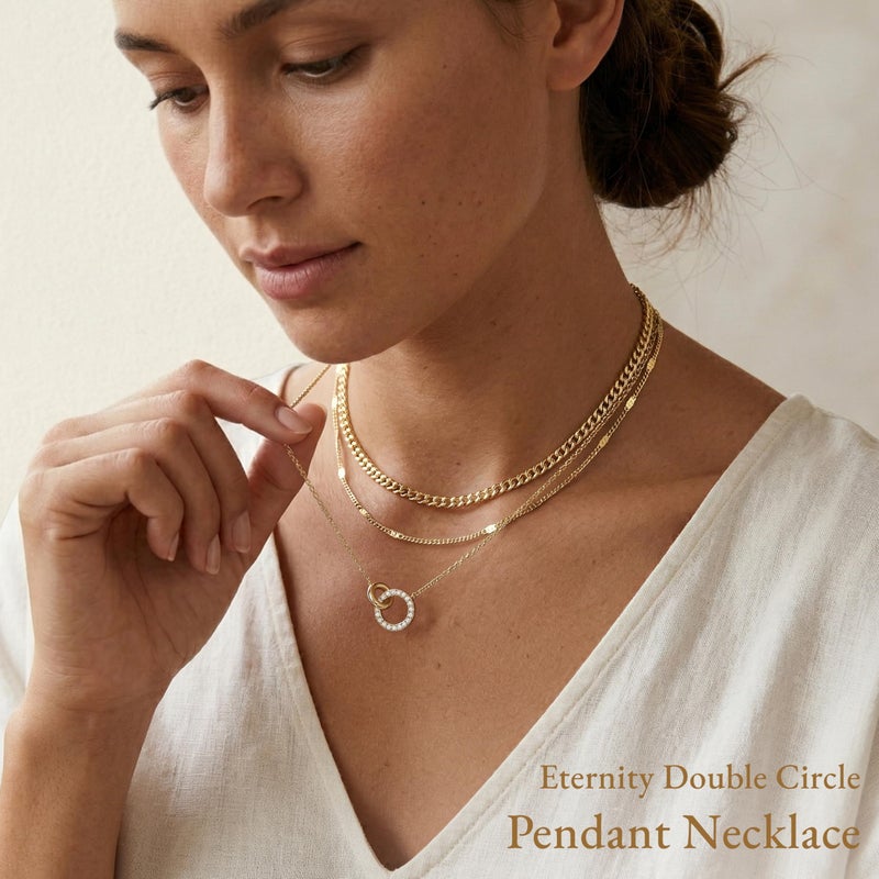 WomenGifts Layered Gold Necklaces for Women, Tarnish Free Waterproof Jewelry Necklace, Pendant Chain Set with Interlocking Double Circle, Chunky Stackable Cuban Chain Choker - Image 4