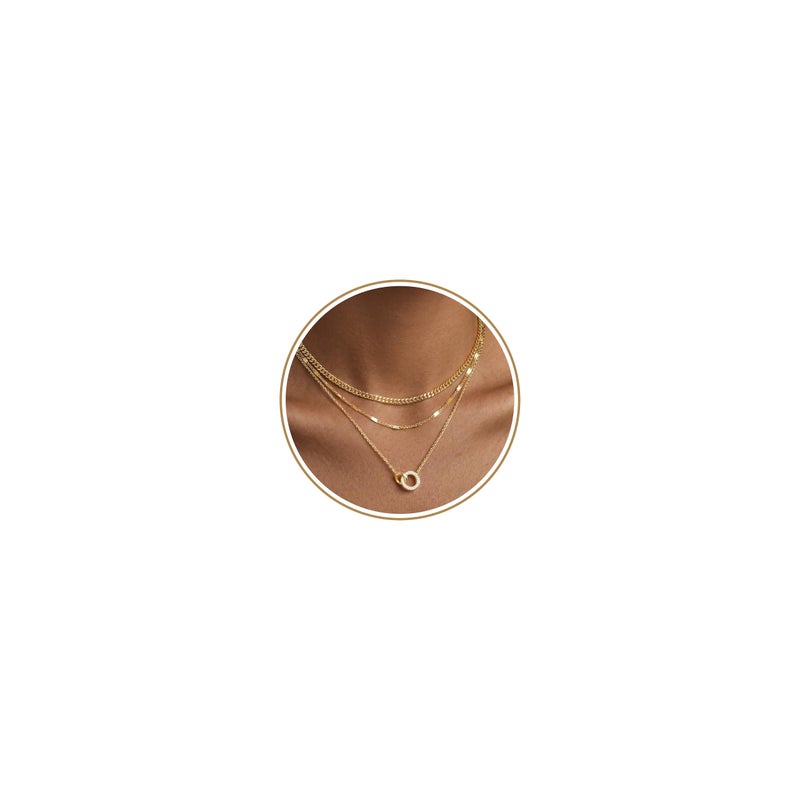 WomenGifts Layered Gold Necklaces for Women, Tarnish Free Waterproof Jewelry Necklace, Pendant Chain Set with Interlocking Double Circle, Chunky Stackable Cuban Chain Choker - Image 1
