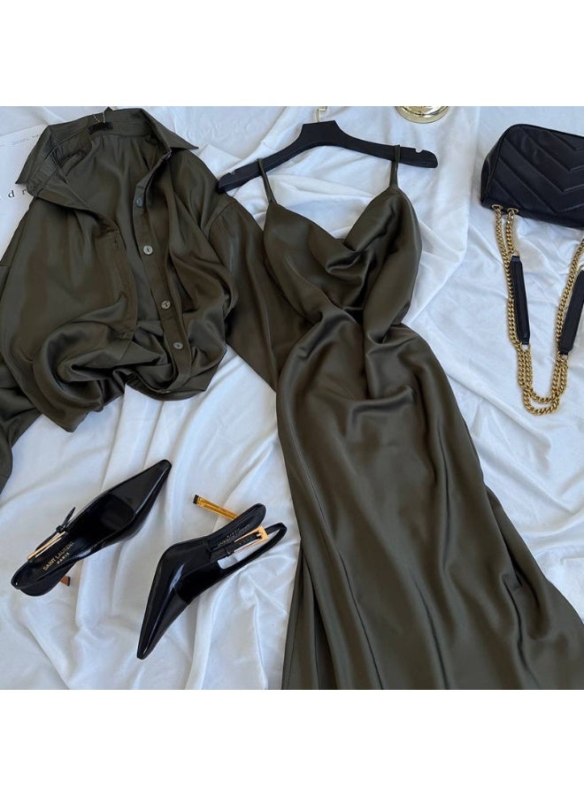 KUYING New Style Solid Color Collar Long Sleeve Shirt Strap Dress Two Piece Set - Image 1