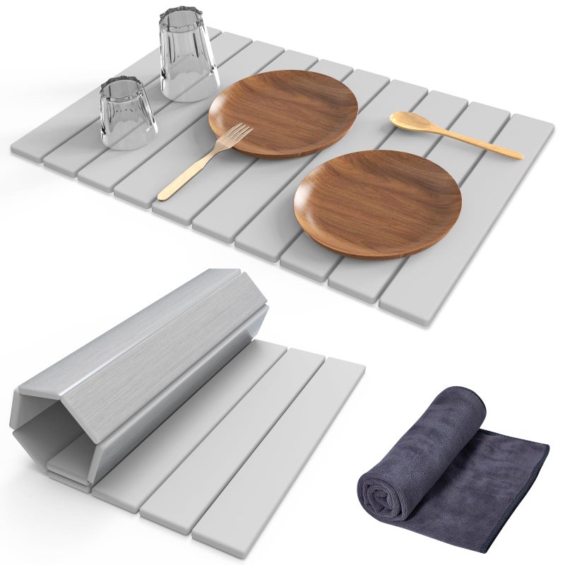 Stone Dish Drying Mat for Kitchen Counter24L16W Collapsible FastDrying Diatomaceous Earth Mats with Towel Sanding ToolVersatile Stone Drying Mats for Cups Dishes Bottles