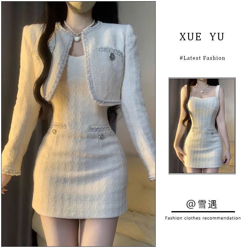 2024 Autumn Winter Chic Short Jacket  Dress Set Coat + dress two-piece set