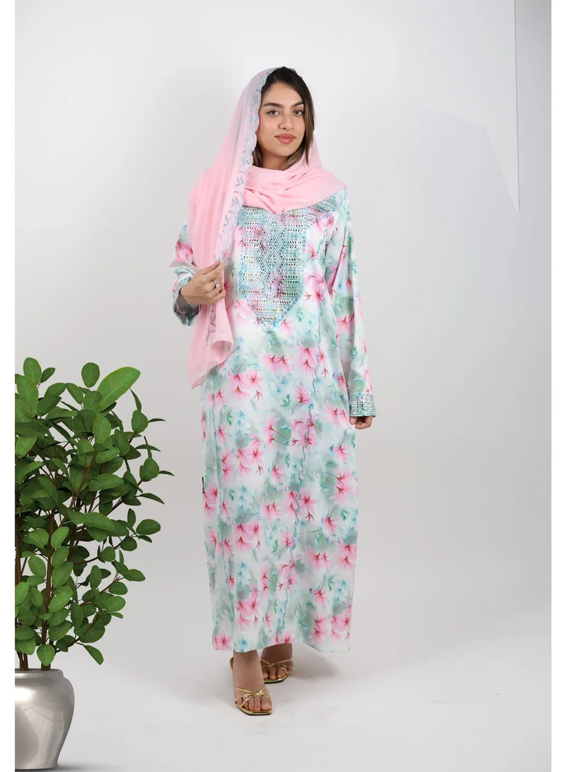 جميلة جلابية زهرة مزينة بالزهور مع غطاء للرأس