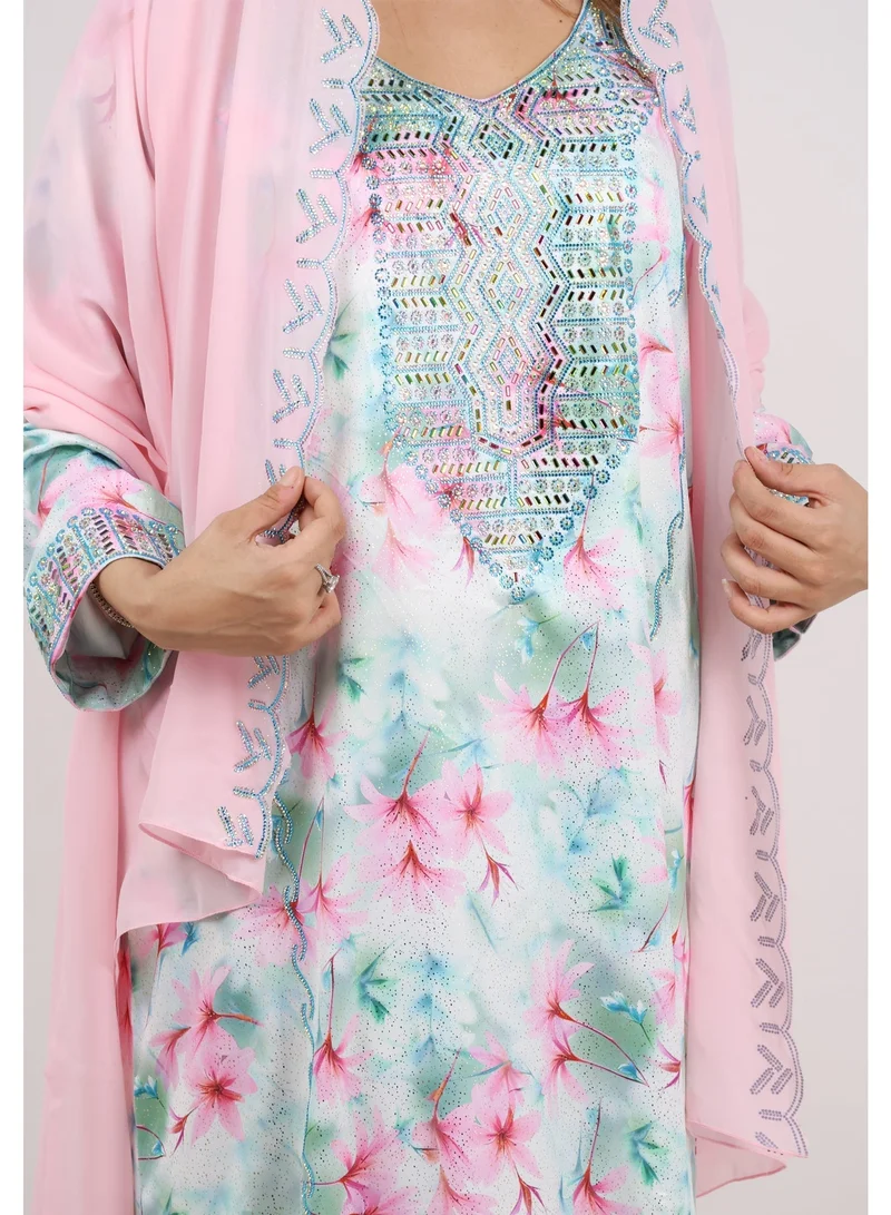 جميلة جلابية زهرة مزينة بالزهور مع غطاء للرأس